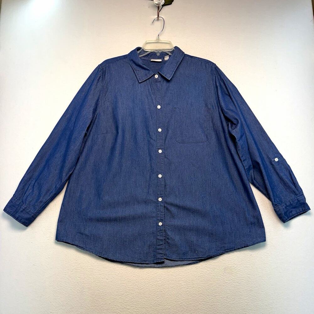 Kim Rogers Curvy Women 1X Blue Button-Up Long Sleeve Collared Classic minimal
